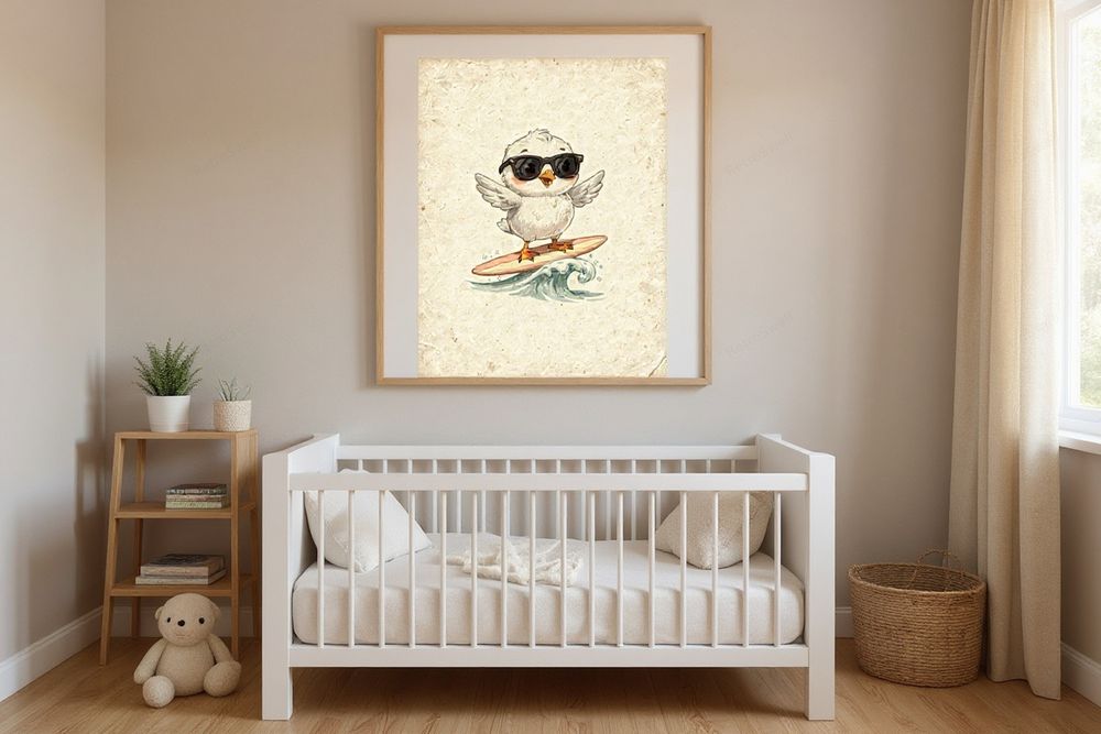 Seagull Surfing Art Print — room mockup