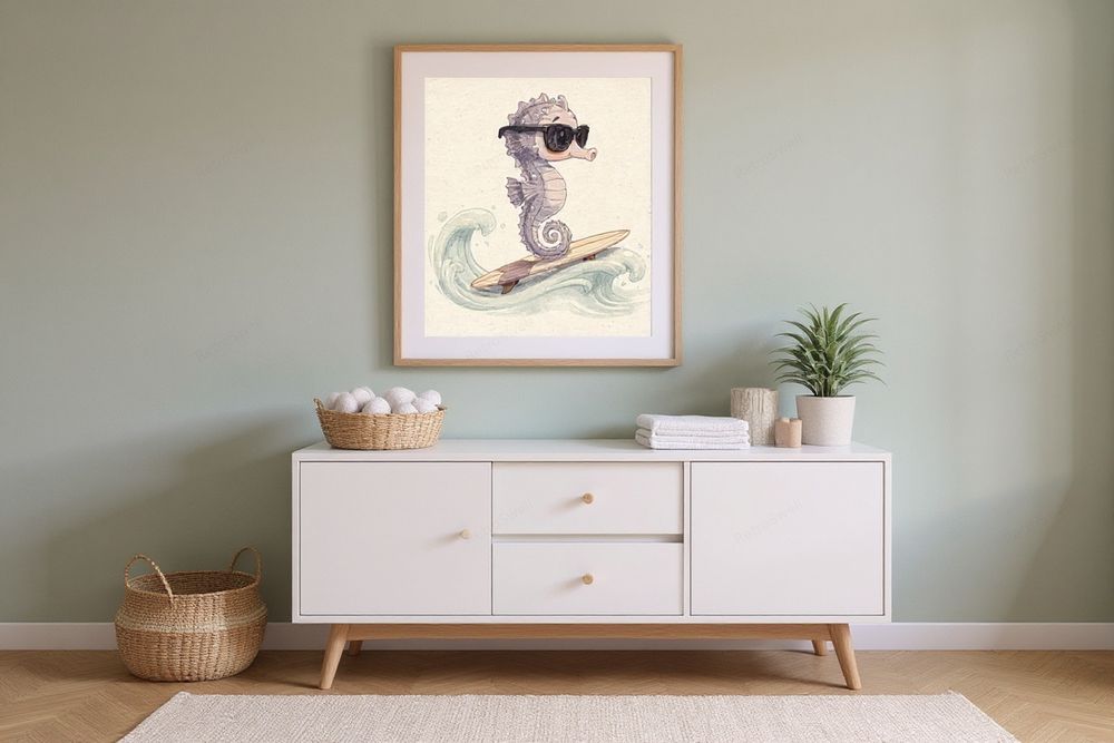 Seahorse Surfing Art Print — room mockup