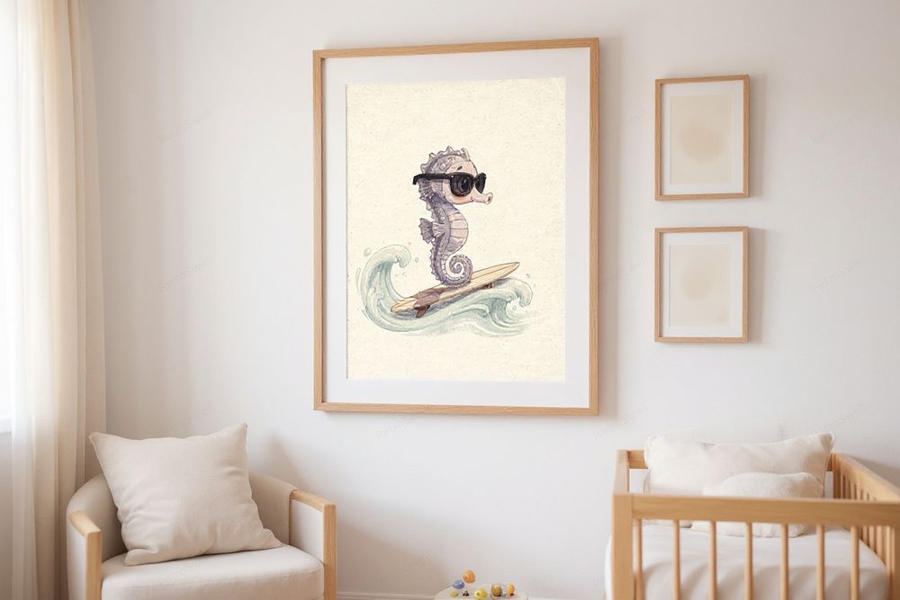 Seahorse Surfing Art Print — room mockup