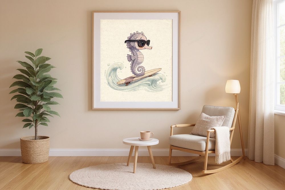 Seahorse Surfing Art Print — room mockup