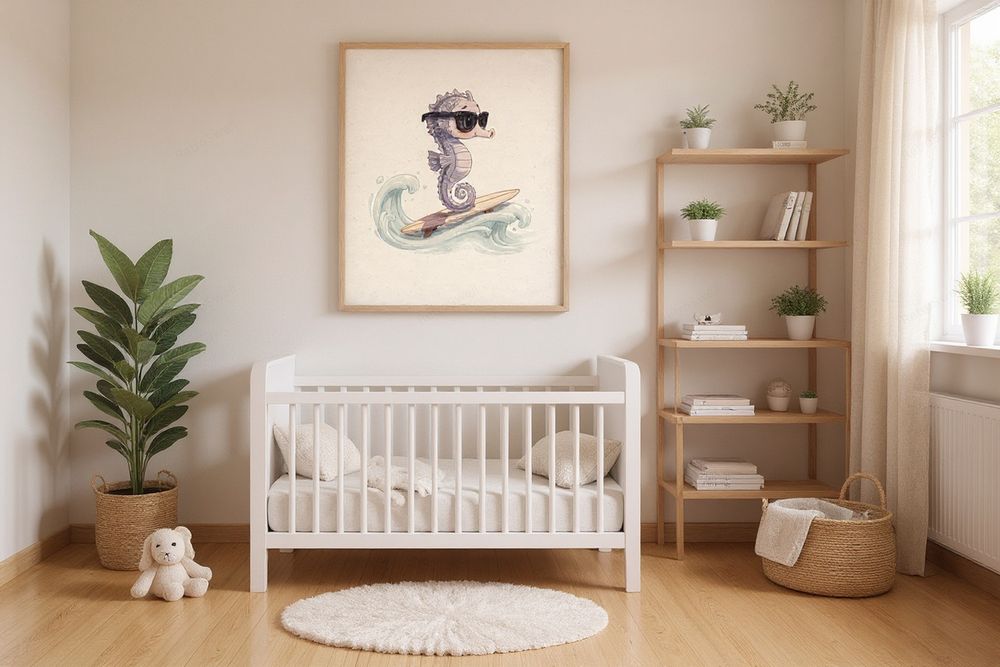 Seahorse Surfing Art Print — room mockup