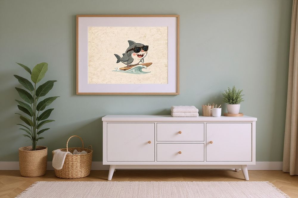 Shark Surfing Art Print — room mockup