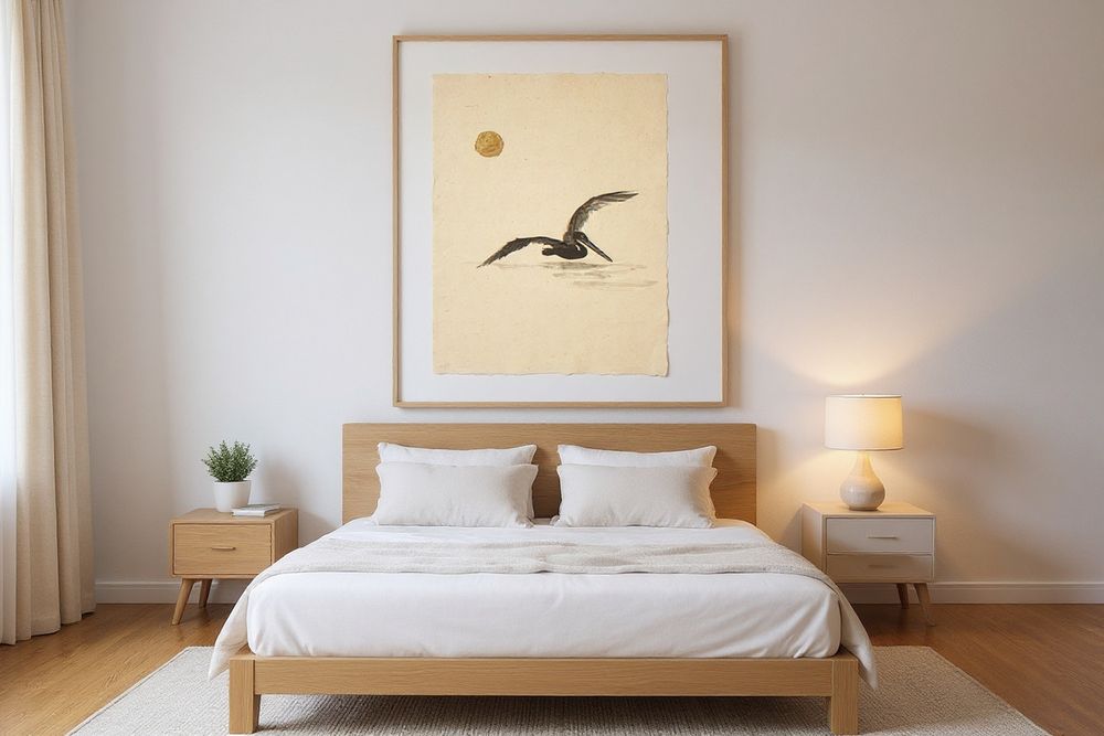 Sumi-e Pelican Print — room mockup