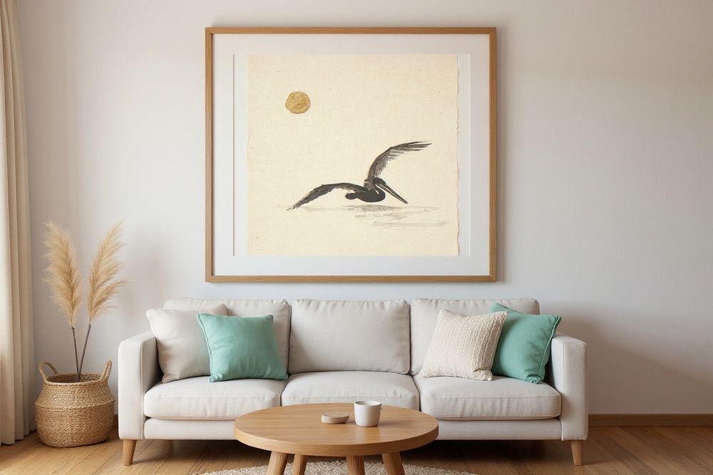 Sumi-e Pelican Print — room mockup