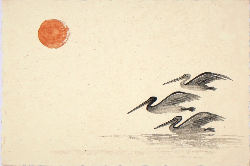 Sumi-e Pelicans Print — room mockup