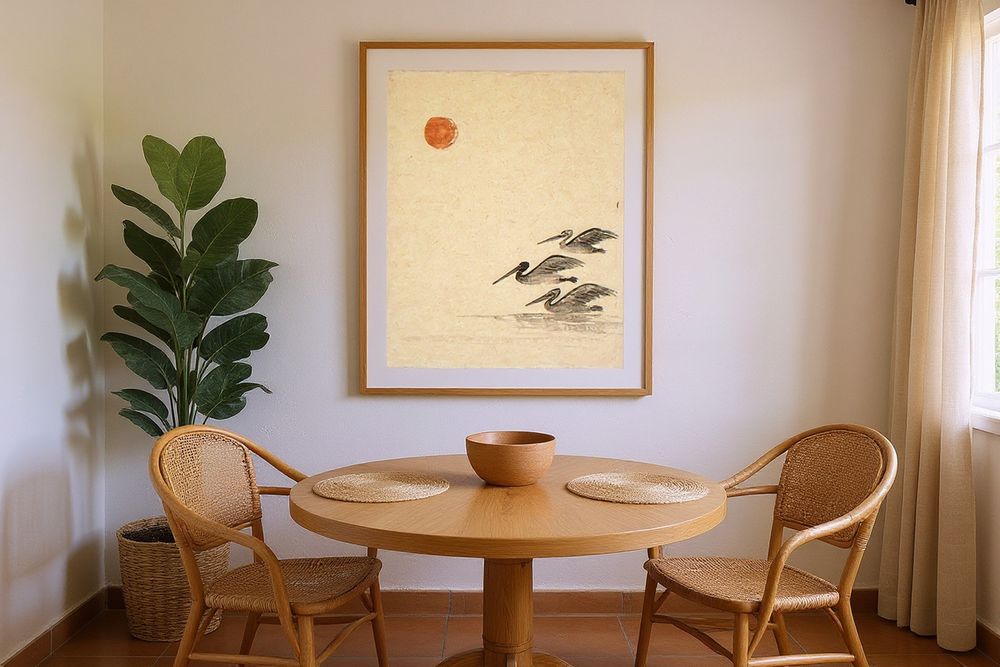 Sumi-e Pelicans Print — room mockup