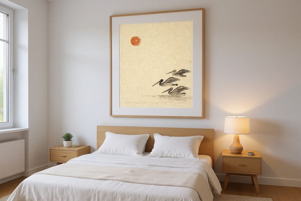 Sumi-e Pelicans Print — room mockup