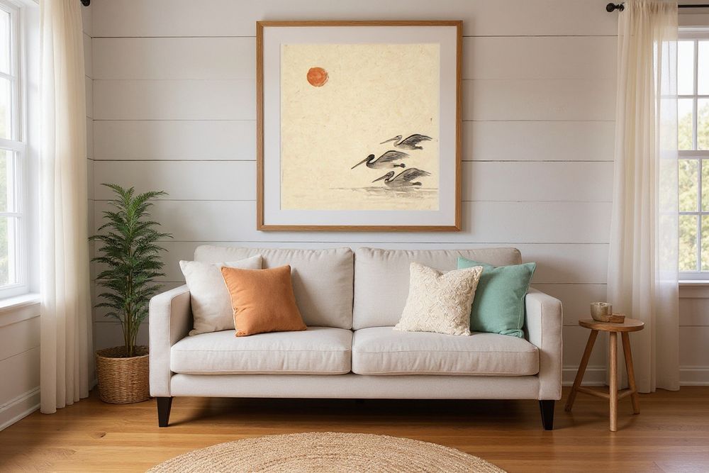 Sumi-e Pelicans Print — room mockup