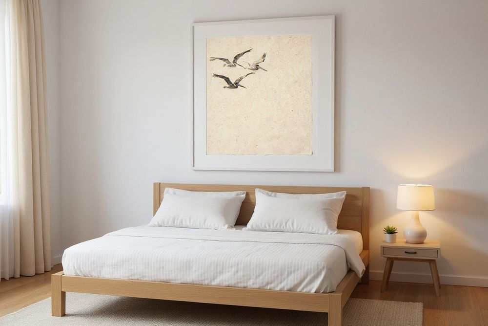 Sumi-e Pelicans Print — room mockup
