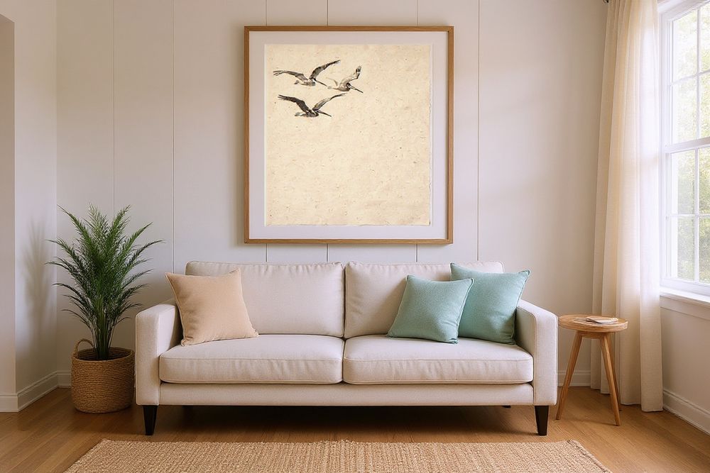 Sumi-e Pelicans Print — room mockup