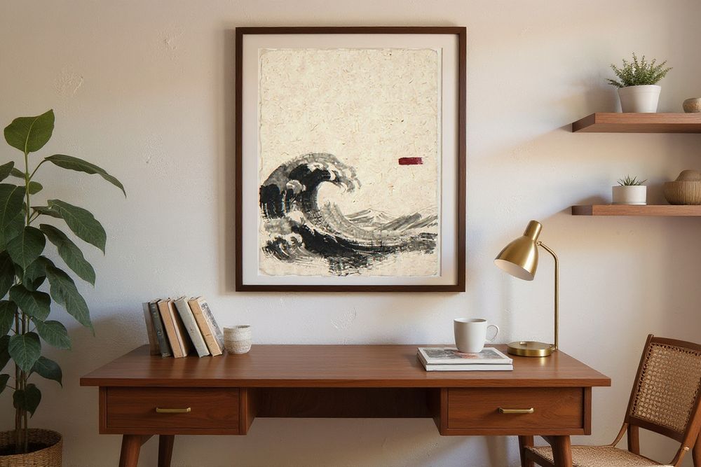 Sumi-e Wave Ink Painting — room mockup