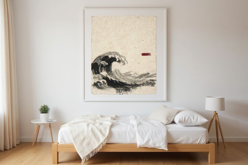 Sumi-e Wave Ink Painting — room mockup