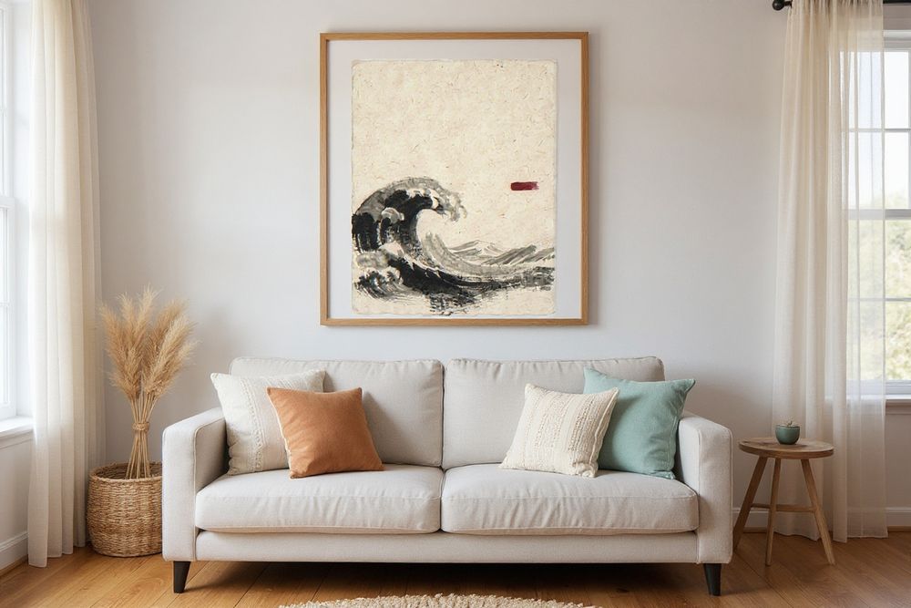Sumi-e Wave Ink Painting — room mockup