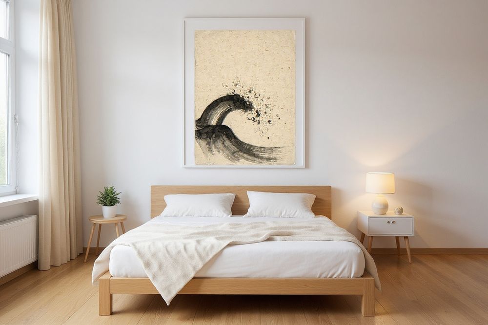 Sumi-e Wave Ink Painting — room mockup