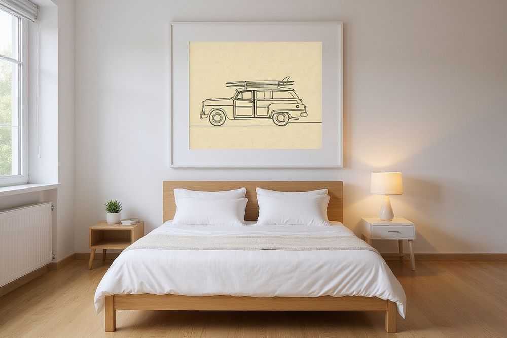 Woody Surf Wagon Line Art — room mockup