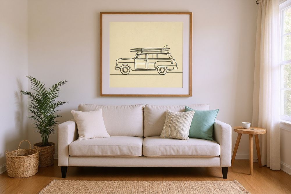 Woody Surf Wagon Line Art — room mockup