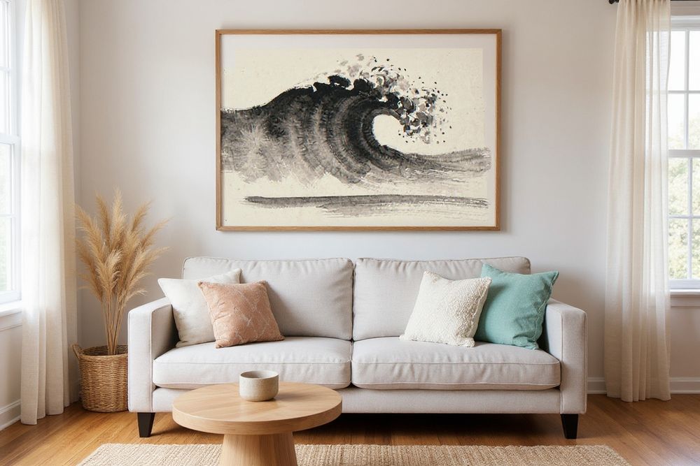 Xieyi Ink Crashing Wave Print — room mockup