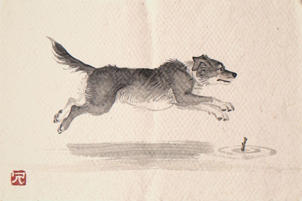 Xieyi Ink Dog Chasing Stick Into Surf — room mockup