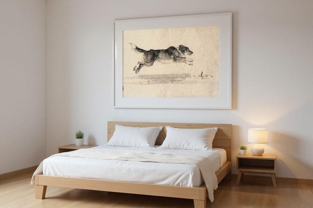 Xieyi Ink Dog Chasing Stick Into Surf — room mockup