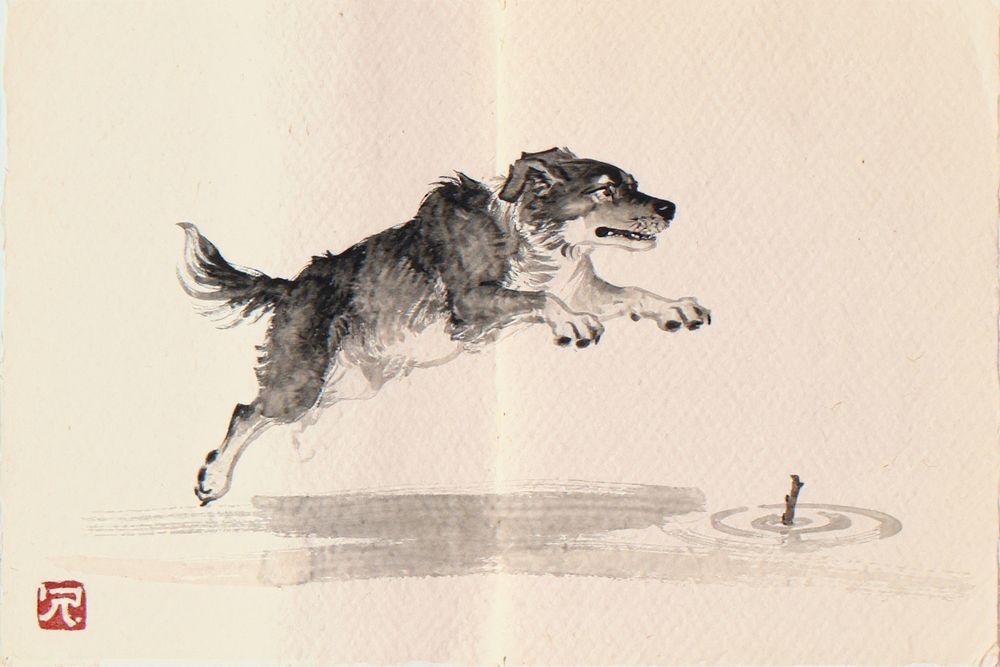 Xieyi Ink Dog Chasing Stick Into Surf — room mockup