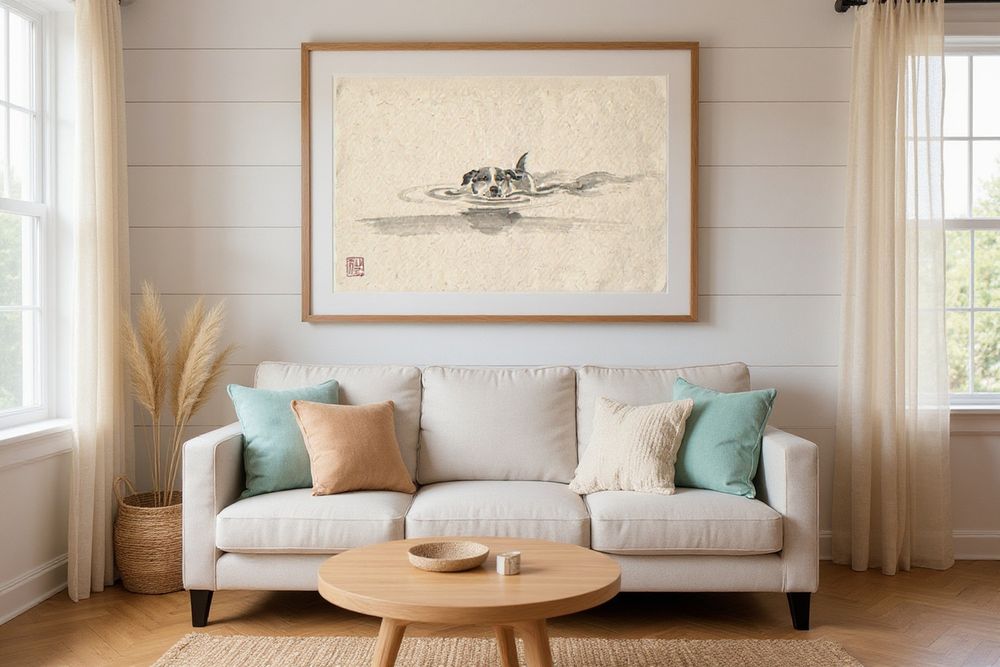 Xieyi Ink Dog Swimming Print — room mockup