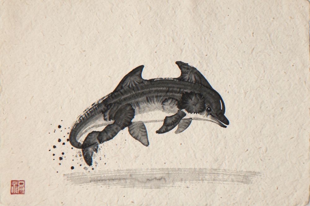 Xieyi Ink Dolphin Print — room mockup