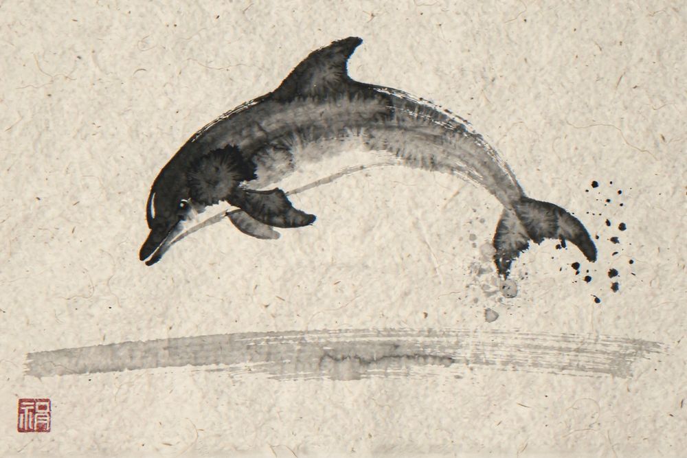 Xieyi Ink Dolphin Print — room mockup