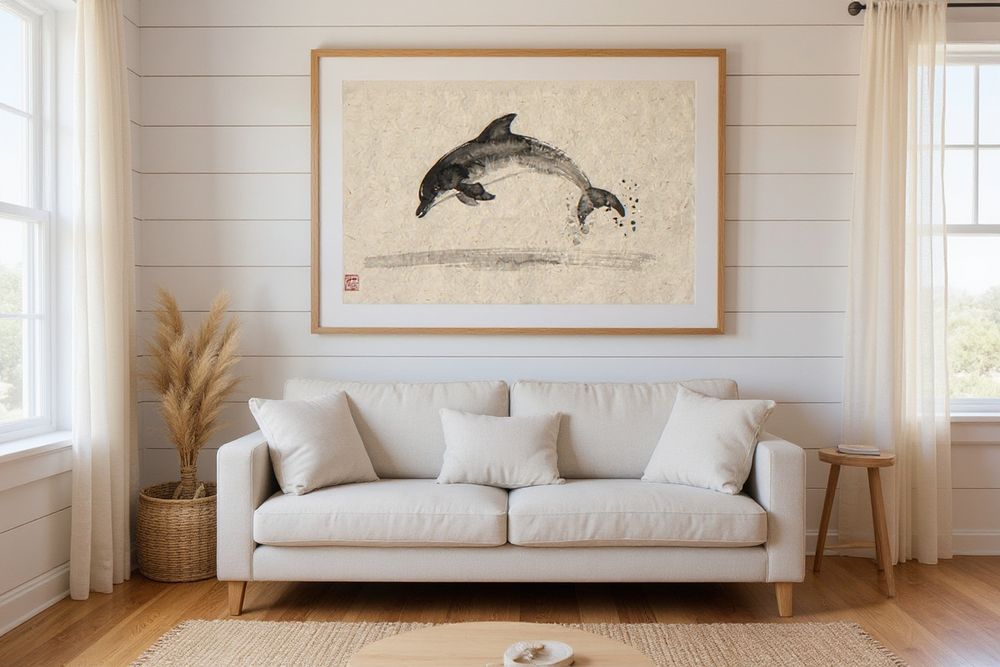 Xieyi Ink Dolphin Print — room mockup