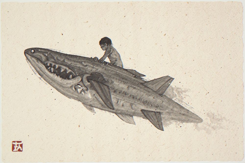 Xieyi Ink Surfer Duck Dive Print